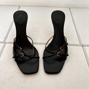 Gucci Womens Sandals Sz 7 Black Leather Adjustable Strap Kitten Heel Strappy
